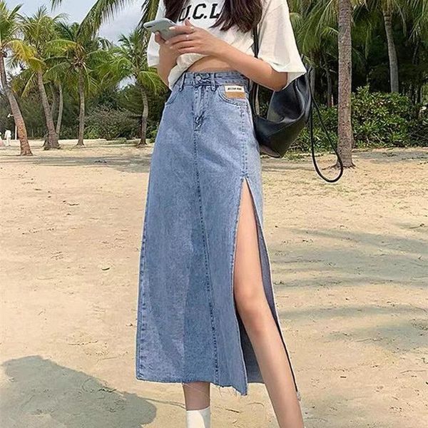 

skirts hem single slits zipper a-line women's summer denim skirt large size streetwear casual with high waist young style, Black