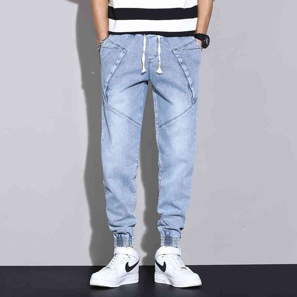 

jeans 2021 spring summer ankle-length baggy men streetwear jogger jeans denim harem pants plus size 6xl 7xl 8xl, Blue