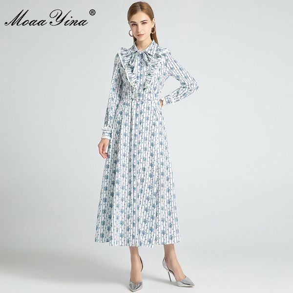 

fashion designer dress spring women's dress long sleeve lace-up ruffles vintage stripe floral-print dresses 210524, Black;gray