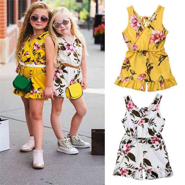 

girls' summer fashion printed sleeveless jumpsuit, White