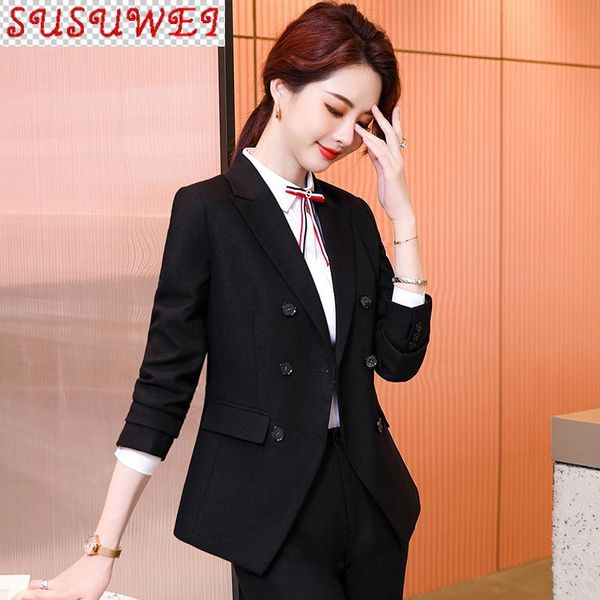 

autumn and winter high-quality women's suit pants work clothes two-piece double breasted jacket slim trousers two piece, White