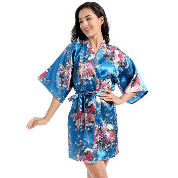

women's sleepwear satin wedding bride bridesmaid robe floral bathrobe short sleeves kimono nightwear bath night gown for women, Black;red