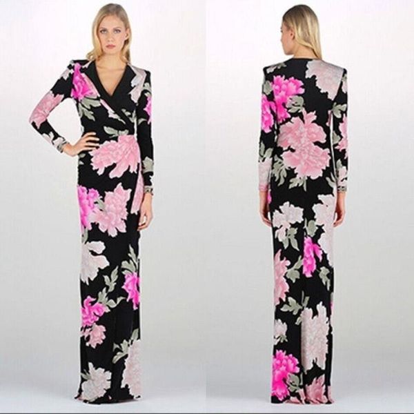 

casual dresses designer dress women's long sleeve charming big floral print maxi straight jersey silk, Black;gray
