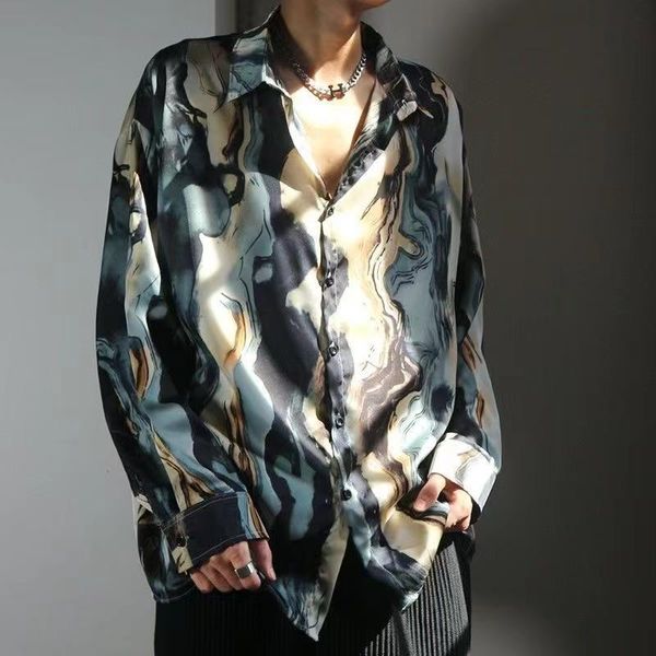 

men's casual shirts 2021 style printing handsome smooth loose long sleeve retro fashion trend camisa masculina size -3xl, White;black