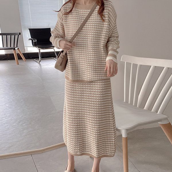 

skirts women's knitted 2 piece suits midi sets for girls dot grid pullover sweater female autumn elegant suit ladies rjzp, Black