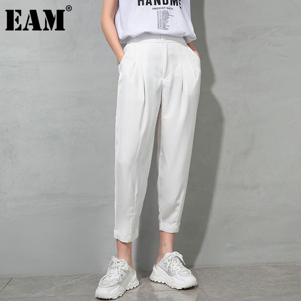 

[eam] high waist black white solid casual pleated trousers loose fit pants women fashion spring autumn 1dd8132 210512