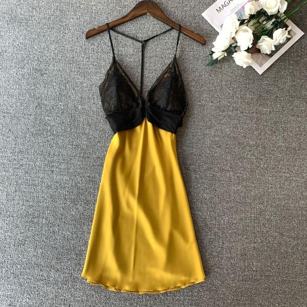 

women's sleepwear summer lace nightgown backless women v-neck nightdress satin silky sleep dress female spaghetti strap nightwear, Black;red