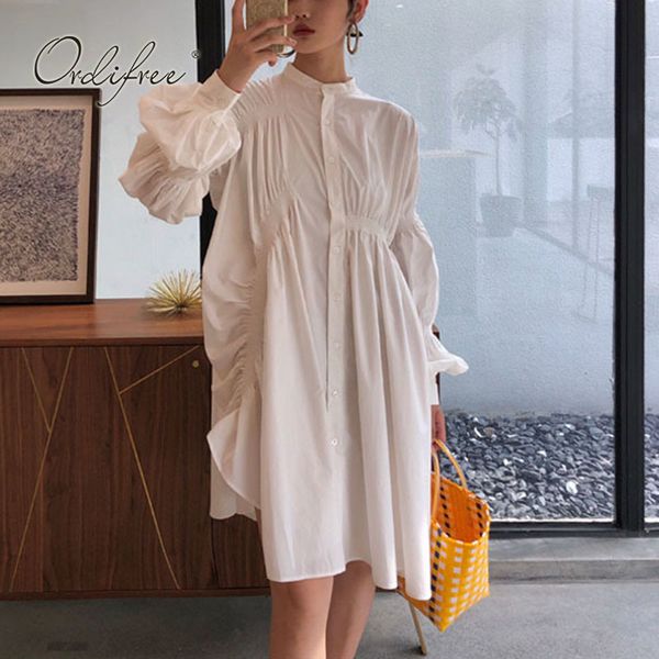 

short shirt long puff sleeve pleated single breasted casual loose party mini dress spring autumn women 210415, Black;gray