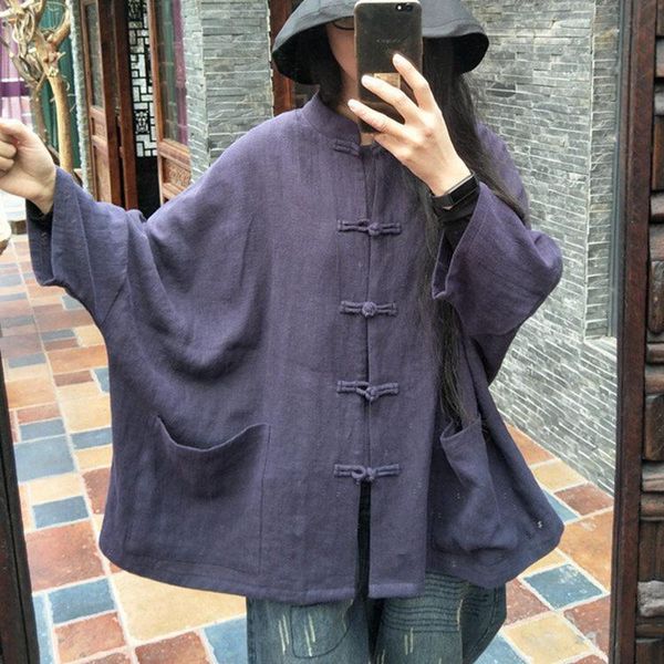 

original chinese stand collar button bat sleeve coat women's cotton linen clothes loose jackets, Black;brown