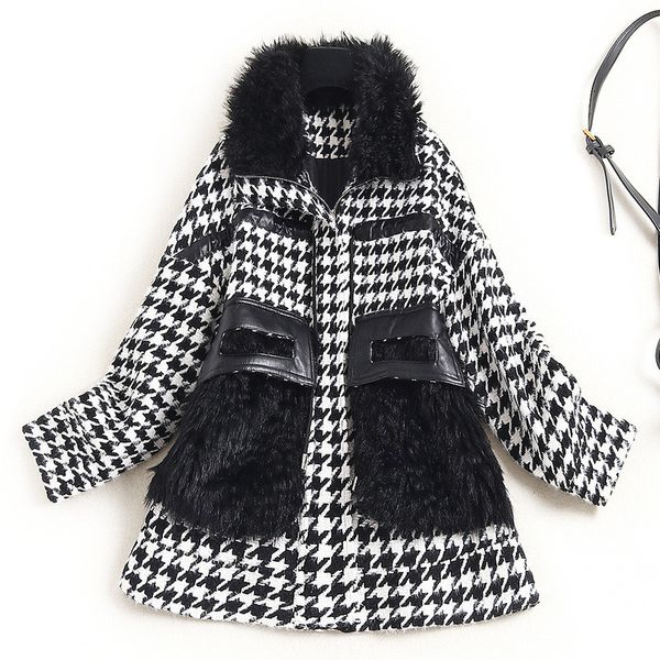 

wools female fashions fall winter fur collar sleeves plaid printing tweed wool jacket outerwear, Black
