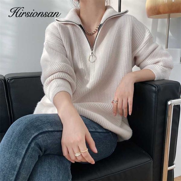 

hirsionsan zipper turn-down collar autumn sweaters women cashmere soft loose solid female knited pullovers thick jumper 211123, White;black