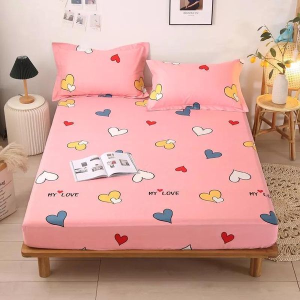 

sheets & sets 1pc bed sheet cotton pink color cute heart printed fitted for kids 100%cotton on elastic (no case)