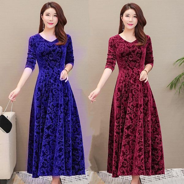 

casual dresses 2021 plus size 3xl women autumn winter floral dress female v-neck long maxi velvet elegant ladies formal party, Black;gray
