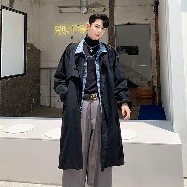 

men's trench coats male vintage streetwear hip hop coat windbreaker overcoat men denim splice loose casual long jacket outerwear, Tan;black