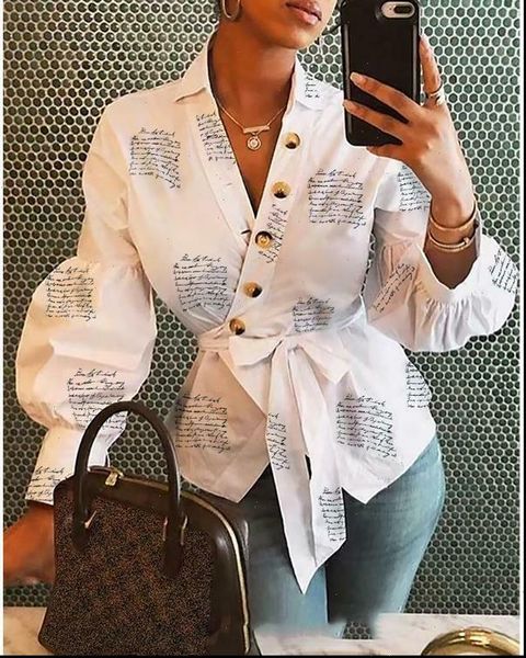 

women shirt goocheer button blouse female clothing long sleeve blusas casual womens office blouses print letter lady ol top, White