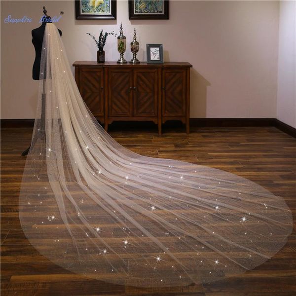 

bridal veils sapphire wedding accessories light champagne 4m sequined veil long velo de novia 1 tier with comb, Black