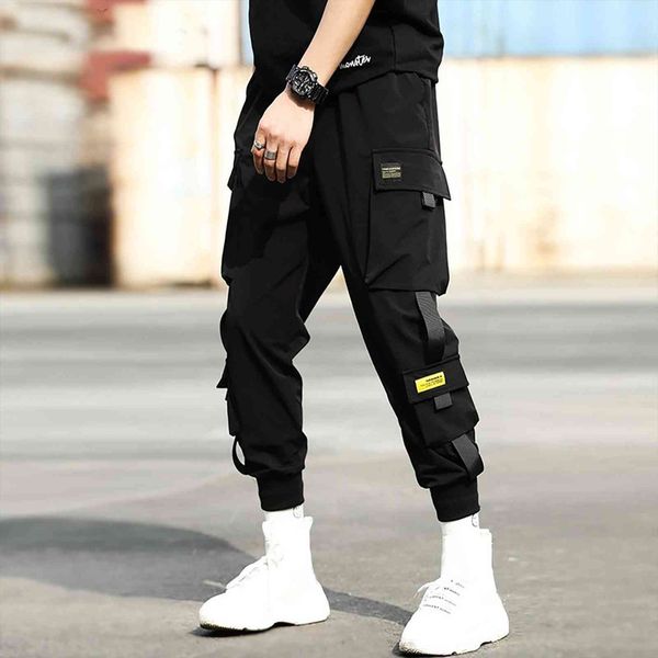 

streetwear hip hop black women pants harem elastic waist with ribbons casual slim jogger trousers