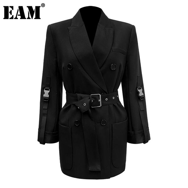 

[eam] women black buckle split joint long blazer lapel long sleeve loose fit jacket fashion spring autumn 1da394 21512, White;black