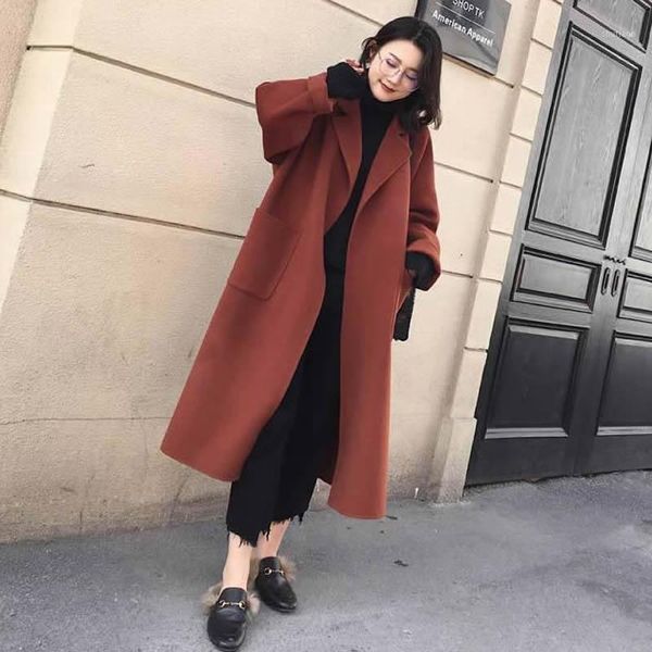 

women's wool & blends casual woolen blend trench coat oversize solid cashmere coats cardigan long outwear with belt autumn winter Â man, Black