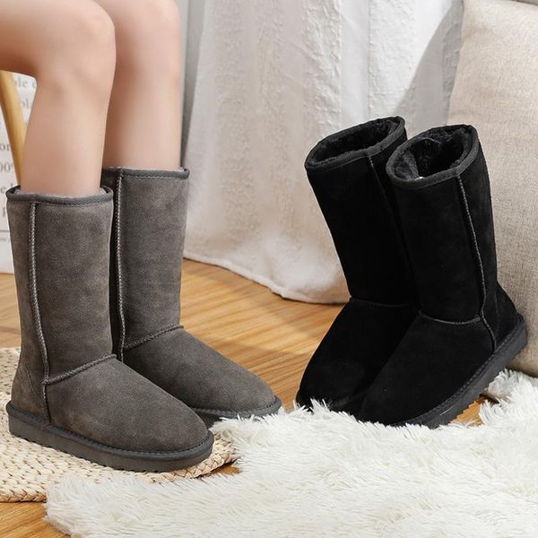 

boots 2021 women's snow 100% cow leather fur women australia winter for warm botas mujer, Black