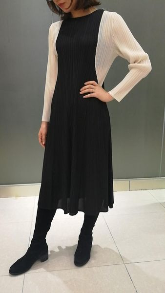 

dress miyake fold patchwork o-neck long sleeve pleated a-line, Black;gray