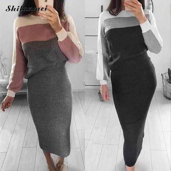 

fashion two piece set women dress autumn winter knitted long sleeve sweater + high waist pencil skirt causal suit women's pants, White