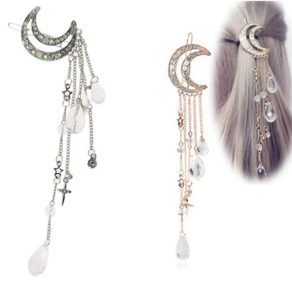 

hair clips & barrettes 1pcs women clip moon rhinestone tassel pendants long chain beads hairpin ladies jewelry, Golden;silver