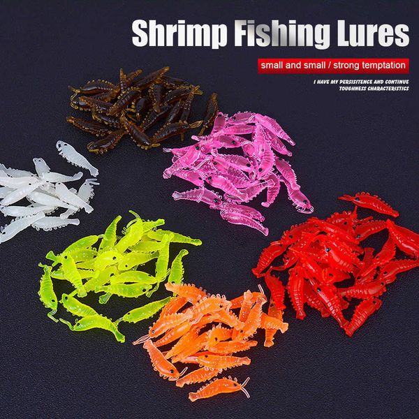 

new design 100pcs soft silicone shrimp fishing lures 2.8cm small light green freshwater fishing shrimp bait