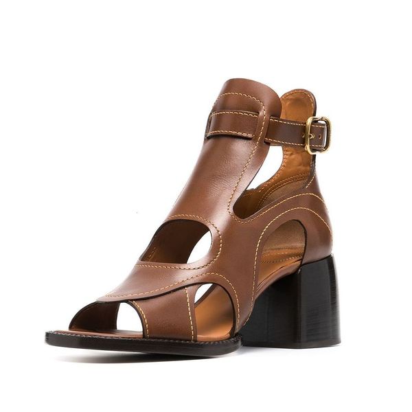 

slippers vintage sandals women genuine leather shoes hollow out buckle summer high heels peep toe woman casual 34-43 fashion rmpm, Black