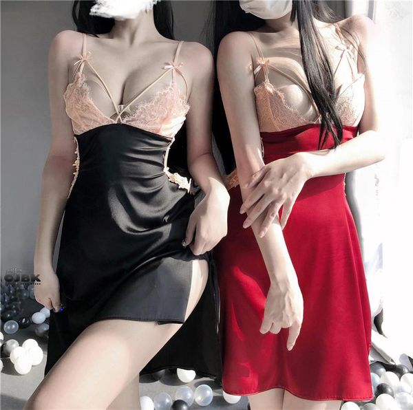 

women's sleepwear women v-neck lingerie flower lace perspective sling nightgown female onepiece dress home wear 4 colors, Black;red