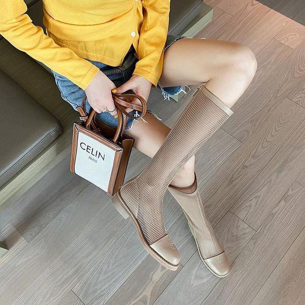 

boots summer high-tube net female hole high-quality leather shoes hollow high-end breathable sandals, Black