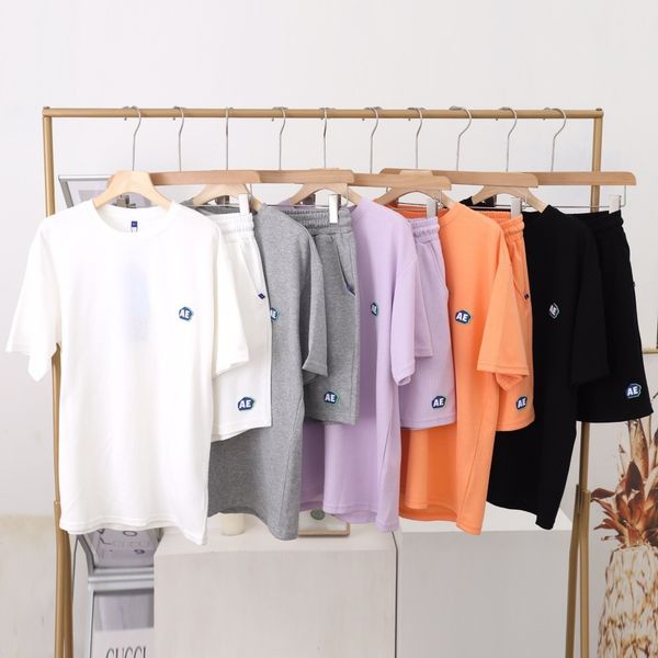 

ader fashion couple's ae leather label loose and versatile sports solid round neck t-shirt short sleeve shorts casual suit, White