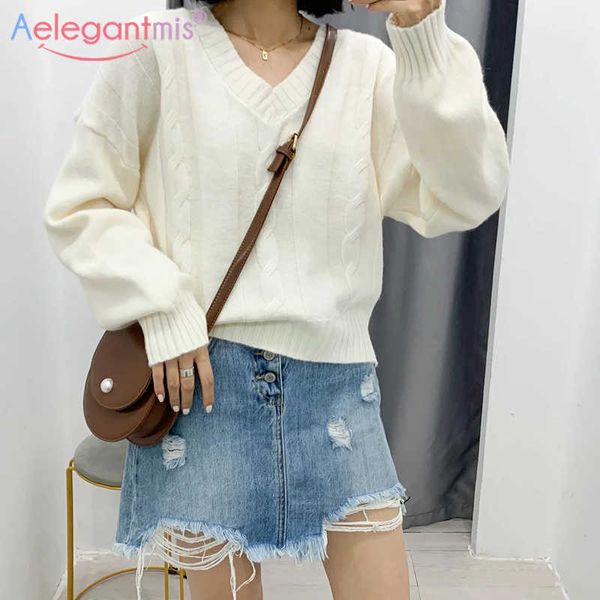 

aelegantmis cropped twist knitted sweater women vintage casual v neck wram pullovers cozy loose jumper elegant female 3 colors 210607, White;black