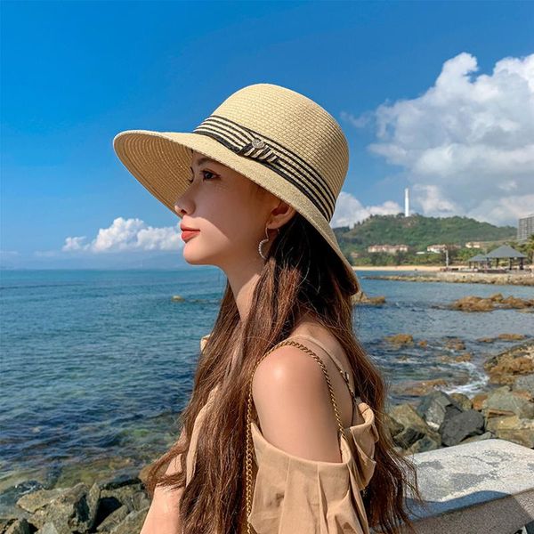 

wide brim hats striped ribbons panama french straw hat women beach style fisherman female male sweet sunhat lady, Blue;gray