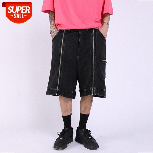 

zipper decoration casual shorts men's street washed distressed loose straight five-point pants #w32r, Black