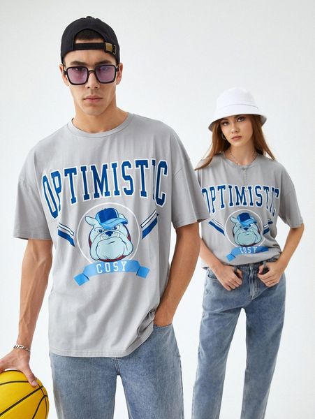 

1pc letter & dog print drop shoulder tee 34st#, White;black