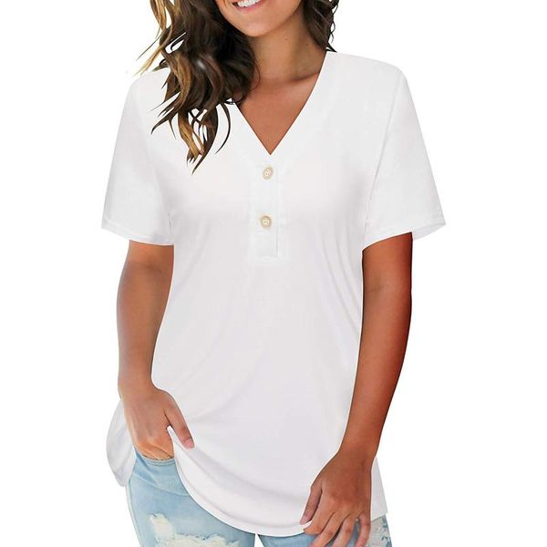 

women's t-shirt summer v-neck button solid color short-sleeved women go to street shopping knitted elasticity short bottoming shirt top, White