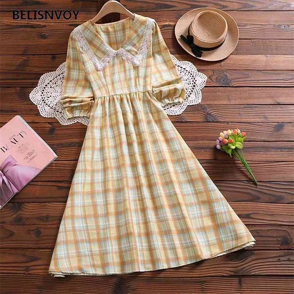 Inglaterra Estilo Verão Mulheres Vestido Longo Peter Pan Collar com Lace High Waist Midi Vintage elegante manta femininos vestidos 210520