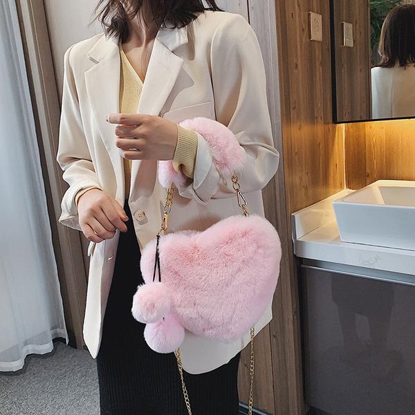 

evening bags 2021 fashion women handbags cute fluffy fur crossbody female heart shaped ladies phone shoulder bag purse handbag