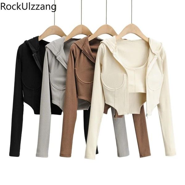 

two piece set strap bralette crop matching outside zipper up irregular outfit hooded t-shirt t shirt women suit fashion women's, White