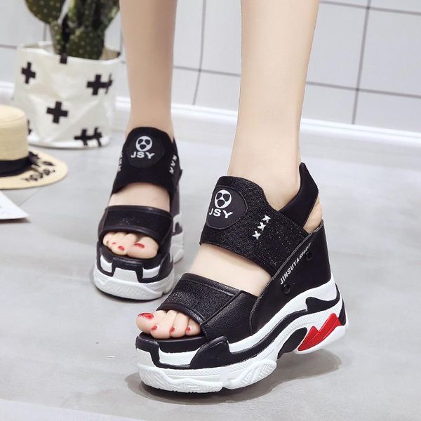 Drop Sommer Frauen Plattform Keil Sandalen Turnschuhe Schwarz Weiß High Heels Offene spitze Dicke Sohle Creepers