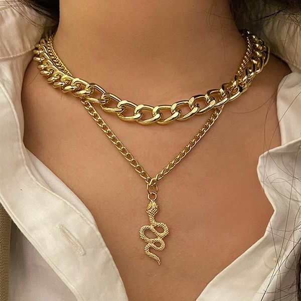 

pendant necklaces modyle retro multilayer snake chain necklace for women trendy gold silver color big thick 2021 jewelry