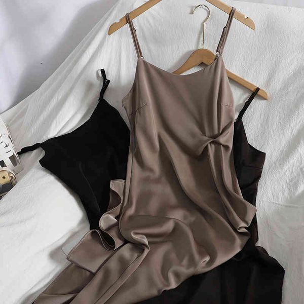 

korean gentle satin suspender dress for womens summer solid color elegant long midi dress twisted a-line female trend 210420, Black;gray