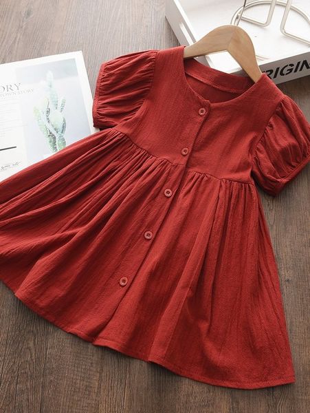 

toddler girls button through puff sleeve dress she, Red;yellow