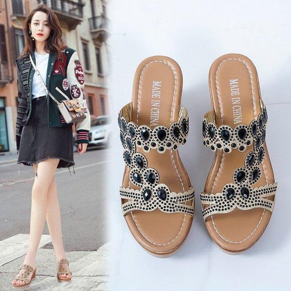 Vestido sapatos 2021 Bohemia Crystal Weldges Sandals Sandies Peep Toe Slippers Summer Chaussures