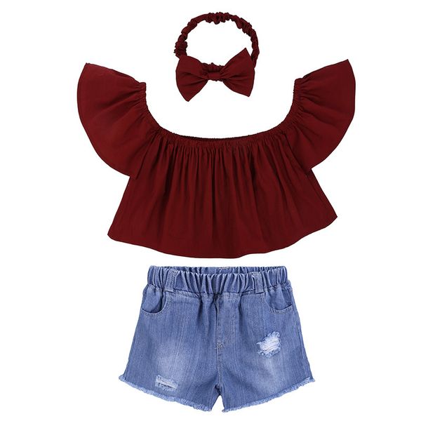 3-teiliges Kleidungsset für Kleinkinder, Mädchen, Sommer, schulterfrei, Hemd, Röhrenoberteil, Loch, Denim-Shorts, Stirnband, Outfit-Sets 210413