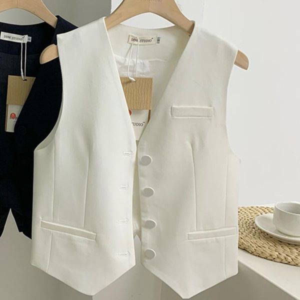 

women's vests [ewq] korea chic autumn simple trend women solid v-neck single-breasted loose temperament sleeveless vest jacket 2021 16e, Black;white