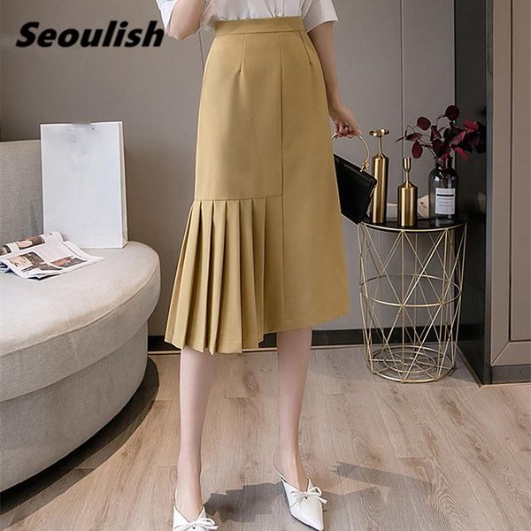 

skirts seoulish office lady 2021 spring women midi pleated elegant korean style high waist wrap a-line female, Black