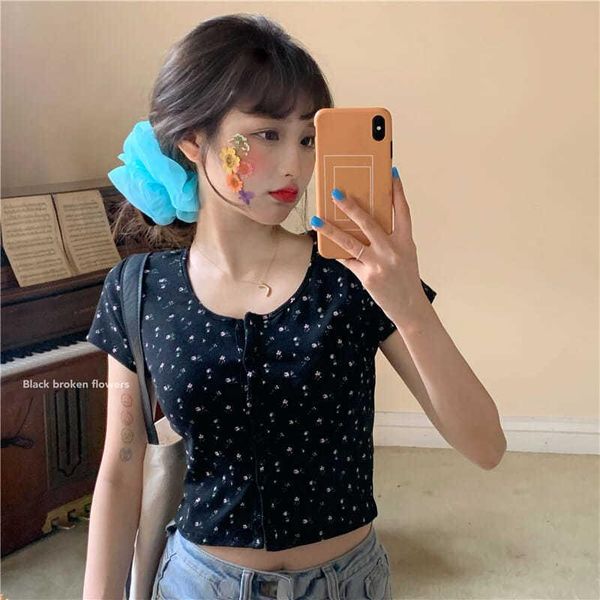 

women's t-shirt vintage floral cardigan summer black short open navel slim 2021 sleeve [to be delivered within 10, White