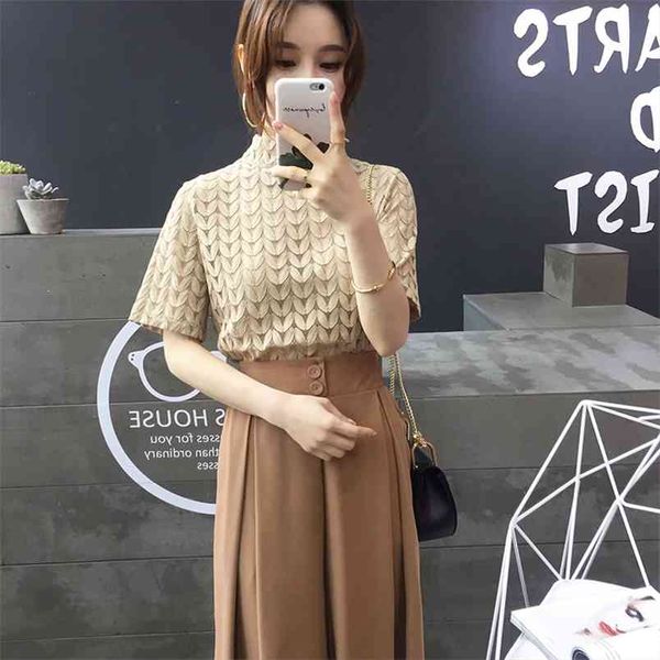 

women's summer short-sleeved blouse retro lace bottoming shirt stand-up collar chiffon pl213 210506, White